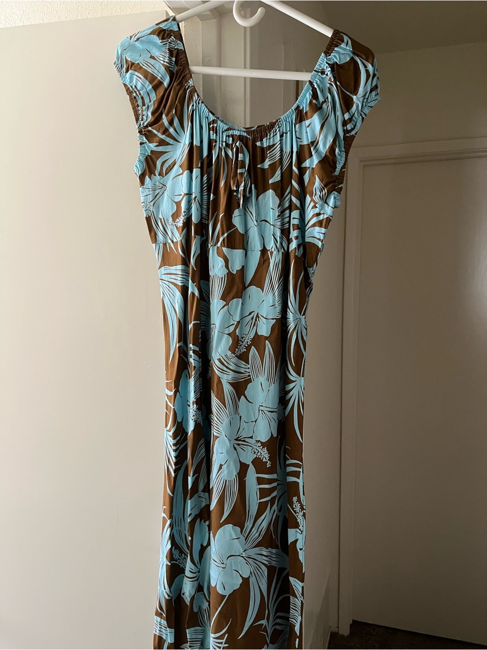 Blue Floral Print Maxi Dress in Brown